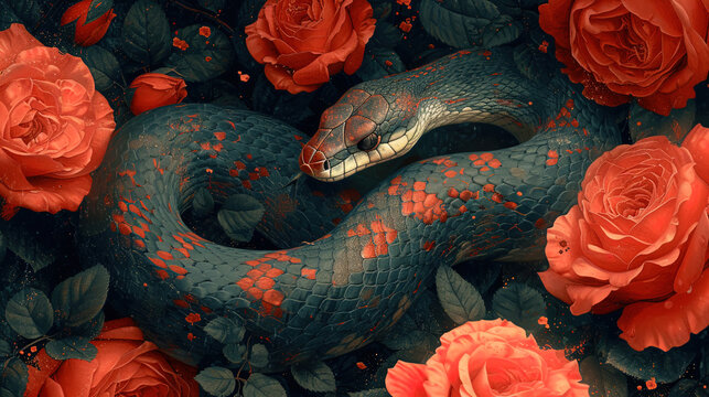 Illustration of a snake with a rose in a tail in an anthropomorphic im