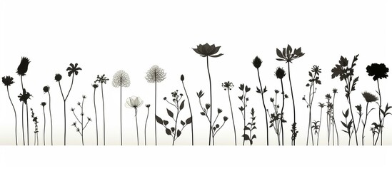 Black silhouettes of grass, flowers and herbs isolated on white background.