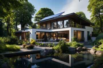 Fototapeta na wymiar Modern eco-friendly house surrounded by lush greenery, powered by a combination of solar panels and wind turbines, Generative AI