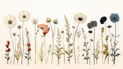Wildflowers, herbs, flowers, plants and butterflies flyng. - obrazy, fototapety, plakaty