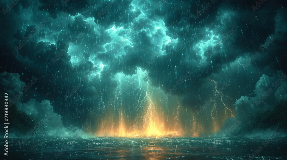 Wall mural lightning texture with rain flashes of light, accompanied by drops of rain, create an atmosphere of 