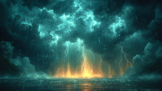Lightning texture with rain flashes of light, accompanied by drops of rain, create an atmosphere of refreshing thunderstor