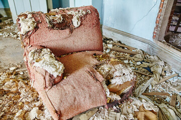 Abandoned Armchair in Decayed Room, Soft Light Perspective