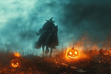 A headless horseman riding through a misty pumpkin patch with a glowing jack-o-lantern - obrazy, fototapety, plakaty