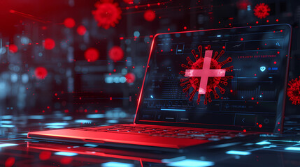 A laptop with a red cross and a virus symbol indicating malware infection - obrazy, fototapety, plakaty