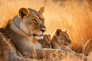 Fototapeta premium Lioness and young lion cub. Wildlife animal outdoors on its natural habitat. AI generative