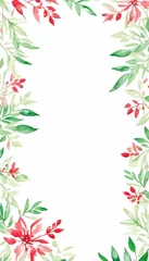 Tuinposter Watercolor illustration red and green flower leaves , vertical card, © saritwat