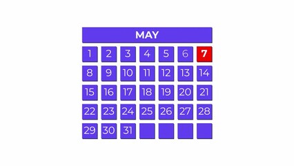 7th May calendar icon animation. Alpha matte with transparent background 4K resolution.