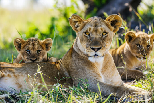 Lioness and young lion cub. Wildlife animal outdoors on its natural habitat. AI generative