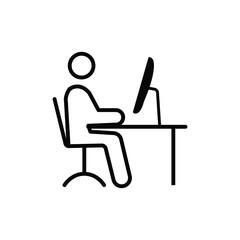 Remote Work. Man Worker Symbol Line on Designer-Freelancer Desk. Icons in Line Style From Set of