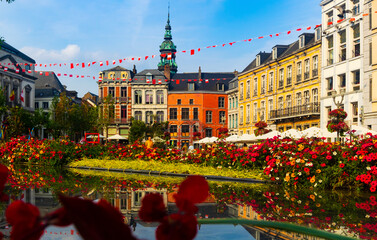 Mons - cafes and restaurants at the central square Gran Place. Province of Hainaut. Belgium
