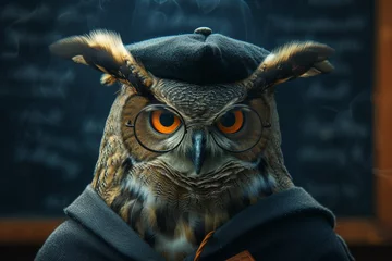 Foto op Plexiglas Wise owl wearing graduation cap and glasses against a stack of books on a table in a library among the shelves, Generative AI © Phichitpon