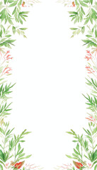 Watercolor illustration red and green flower leaves , vertical card,