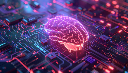 a neon circuit board has an image of a brain - Powered by Adobe