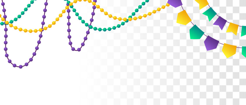 Mardi Gras Beads And Bunting Flags Isolated On Transparent Background