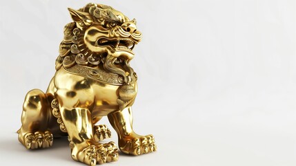 Chinese Gold Lion Statue, Symbol of Prosperity on White Background