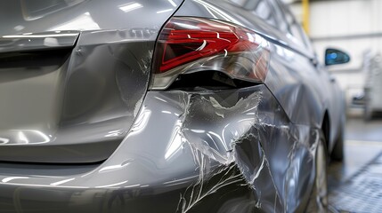 Car Repair, Close-Up of Grey Car's Rear Bumper Dent, Preparation for Painting - obrazy, fototapety, plakaty