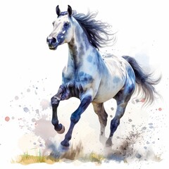 white and black horse running in the watercolor style with a white background