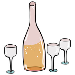 A bottle of fizzy drink or syrup and three glasses on a festive celebration doodle illustration