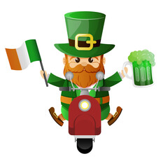 Leprechaun in green hat Rides retro Scooter. Irish bearded gnome holding green beer and irish flag isolated on white background. Vector Illustration for St. Patrick's Day. 
