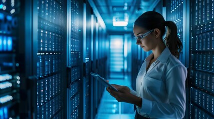 Cyber Data Security, Female Engineer in Server Farm Cloud Computing