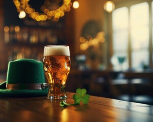 Fototapeta na wymiar Celebratory beer glasses at Vintage Pub St Patrick's Day