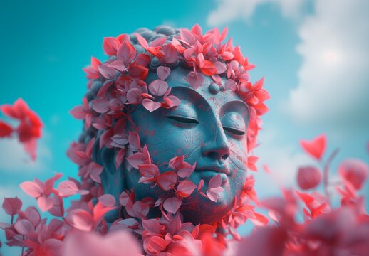 stylized Buddha sculpture covered with pink leaves against a blue sky background, allegorical composition, light red and blue colors, meditation and Zen concept
