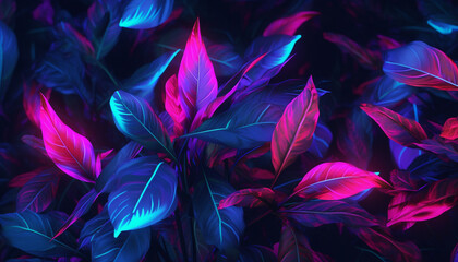 Captivating plant branches and leaves glow in neon brilliance, adorned with beautiful hues of blue, orange, and purple, creating a stunning and enchanting visual.