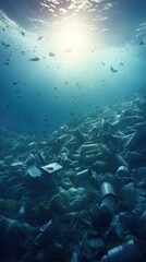 Fototapeta na wymiar A vibrant underwater scene teeming with plastic pollution, capturing the dramatic impact on marine life. Generative AI.