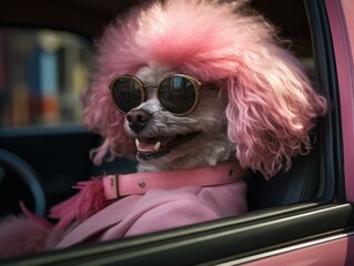 A stylish poodle in sunglasses rocks a pink wig while sitting in a car, exuding pure sass and charm. Generative AI.