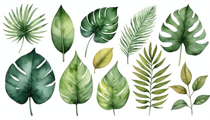 Fototapeta premium Vintage Watercolor Autumn Leaves and Tropical Green Leaves