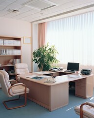 The desk is in the middle of the room. Generative AI.