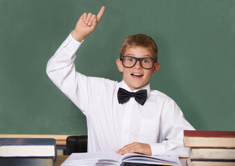 Boy child, books and raised hand in portrait with smile for question, information and knowledge on...