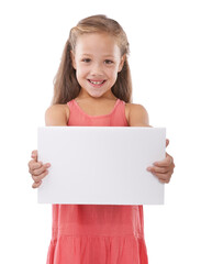 Paper, mockup and portrait of child advertising space, broadcast news and presentation in studio on white background. Happy kid, girl and poster sign for feedback, offer and information about us