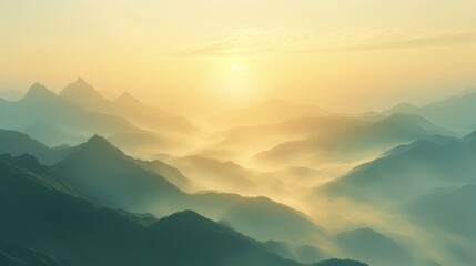 Fototapeta premium Golden sunrise illuminating the misty mountains.