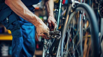 Essential Workshop Tools with a Background of a Bicycle Mechanic Repairing a Wheel: Bicycling,...