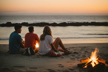 A tight-knit group of friends gathers around a roaring bonfire on the beach, silhouetted against the stunning hues of a sunset. Laughter mingles with the crackling of flames as they share stories.