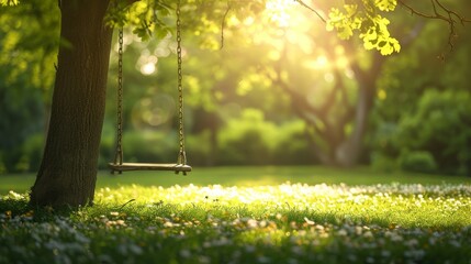 A swing hanging from a tree in a park with flowers on the grass - obrazy, fototapety, plakaty