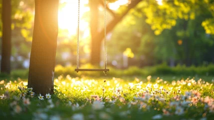 Fototapeten A swing hanging from a tree in a park with flowers on the grass © Media Srock