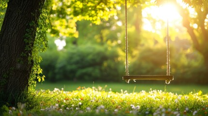 A swing hanging from a tree in a park with flowers on the grass - obrazy, fototapety, plakaty