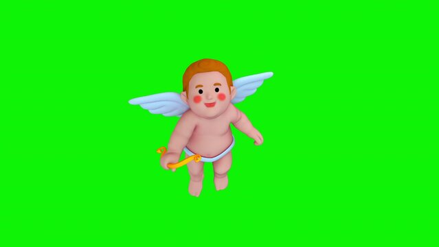 Cupid Happy Valentine's day Flying on Green Screen 3D Rendering Animation . Use for transition .