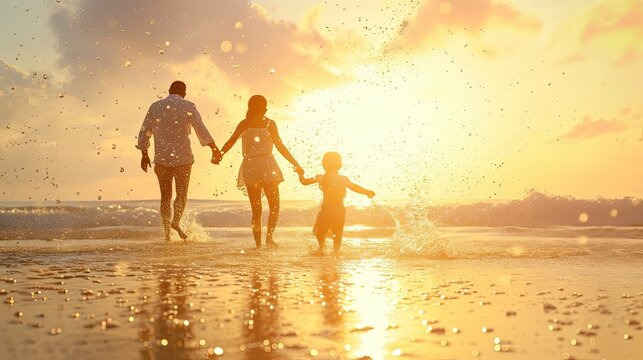 Family Parents With Children Fun Holding Hands Together Running To Beach In Holiday, Dad, Mom And Kids Take Off Shoes Run On Sand Beach, Daughter Turned Face Around, Happy Family Day.