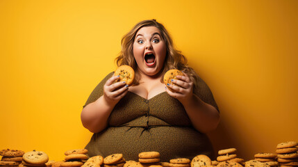 An overweight girl eats a lot of cookies.