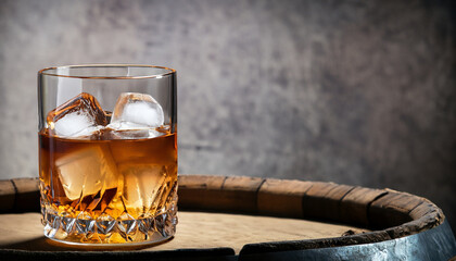 Whiskey glass with ice on a rustic barrel, a classic sip. With copy space for your text and logo