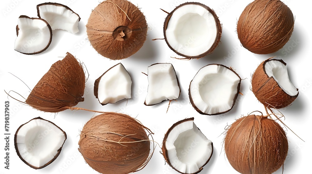 Poster set of fresh whole and half coconut and slices isolated on white background, top view : generative a