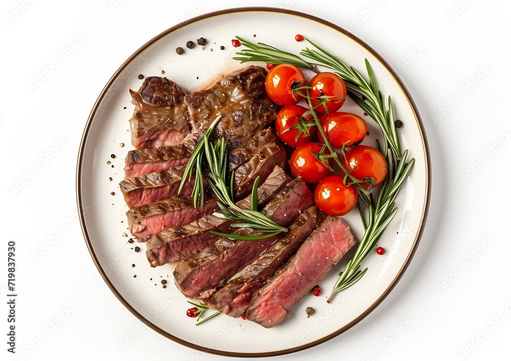 Poster Grilled sliced Beef Steak with tomatoes and rosemary on a plate Isolated on white background top view : Generative AI