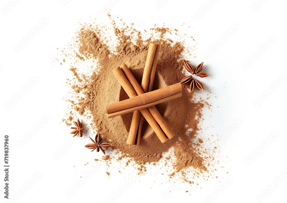 Poster cinnamon sticks and heap of powder isolated on white background, top view : generative ai