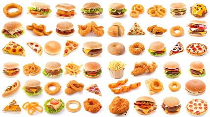 Fast food collection isolated on white background. onion rings, sandwich, fried chicken, pizza slice, hamburger. closeup abstract of different food items : Generative AI