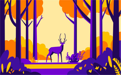 A deer in the forest. Flat Landscape Illustrations. Vector background.