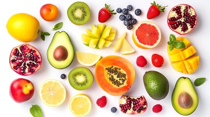 Assortment of different fruits and berries, flat lay, top view, apple, strawberry, pomegranate, mango, avocado, orange, lemon, kiwi, peach isolated on white background : Generative AI